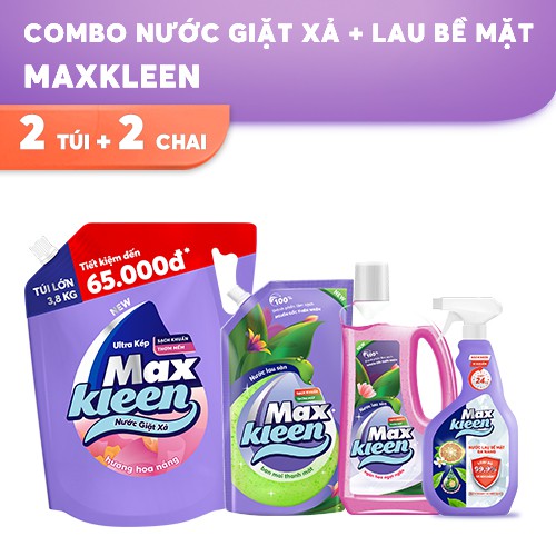 Combo MaxKleen: Túi Nước Giặt Huyền Diệu 3.8Kg + 1 Chai Lau Sàn 1Kg + 1 Túi Lau Sàn 1Kg + 1 Chai Lau Bề Mặt Đa Năng