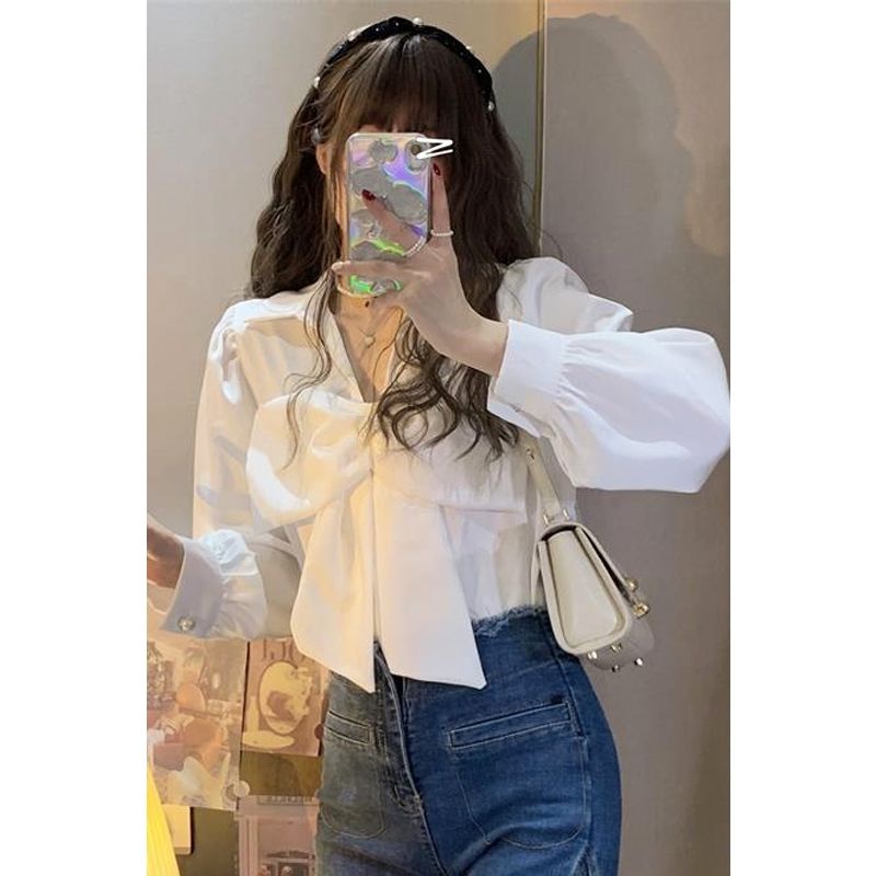 Jiashucheng Áo Sơ Mi Tay Dài Cổ Chữ V Đính Nơ Phong Cách Pháp Thời Trang Mùa Xuân Cho Nữ