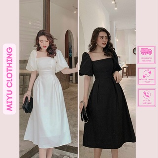 Đầm trắng dự tiệc váy nữ xòe đen dài cổ vuông tay bồng đi tiệc đi chơi đều được chất liệu cotton mịn 2 lớp MIYU CLOTHING