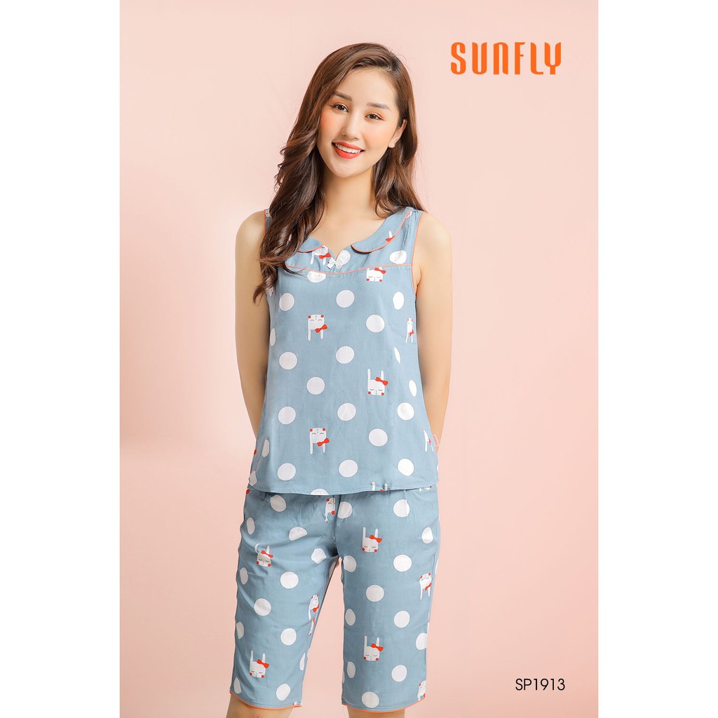 Bộ đồ mặc nhà Sunfly. Set đồ Pijama Lanh siêu nhẹ, mát lanh - form áo gile quần lửng họa tiết chấm bi, hoa nhí siêu xinh