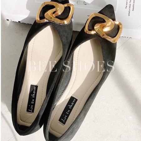 BEESHOES - GIÀY BÚP BÊ NỮ NHỌN - GIÀY BÚP BÊ NỮ DA LỘN ĐẾ BỆT SẴN MÀU ĐEN 211196