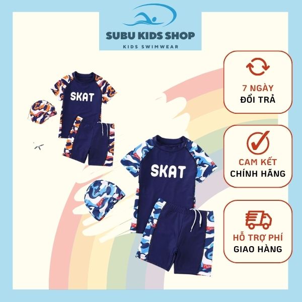 Đồ bơi cho bé trai quần rời tay ngắn kèm mũ chất vải chống nắng size từ 15kg đến 53kg