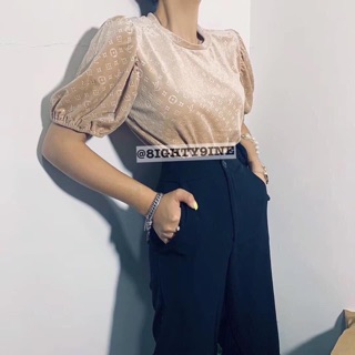 Áo nhung tay phồng họa tiết chìm ulzzang