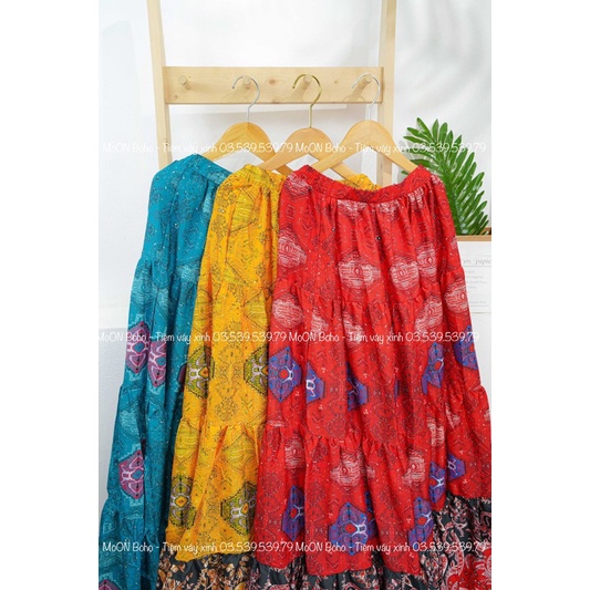 MOON BOHO - SET MAXI ĐỎ TRỄ VAI CHÂN VÁY THỔ CẨM
