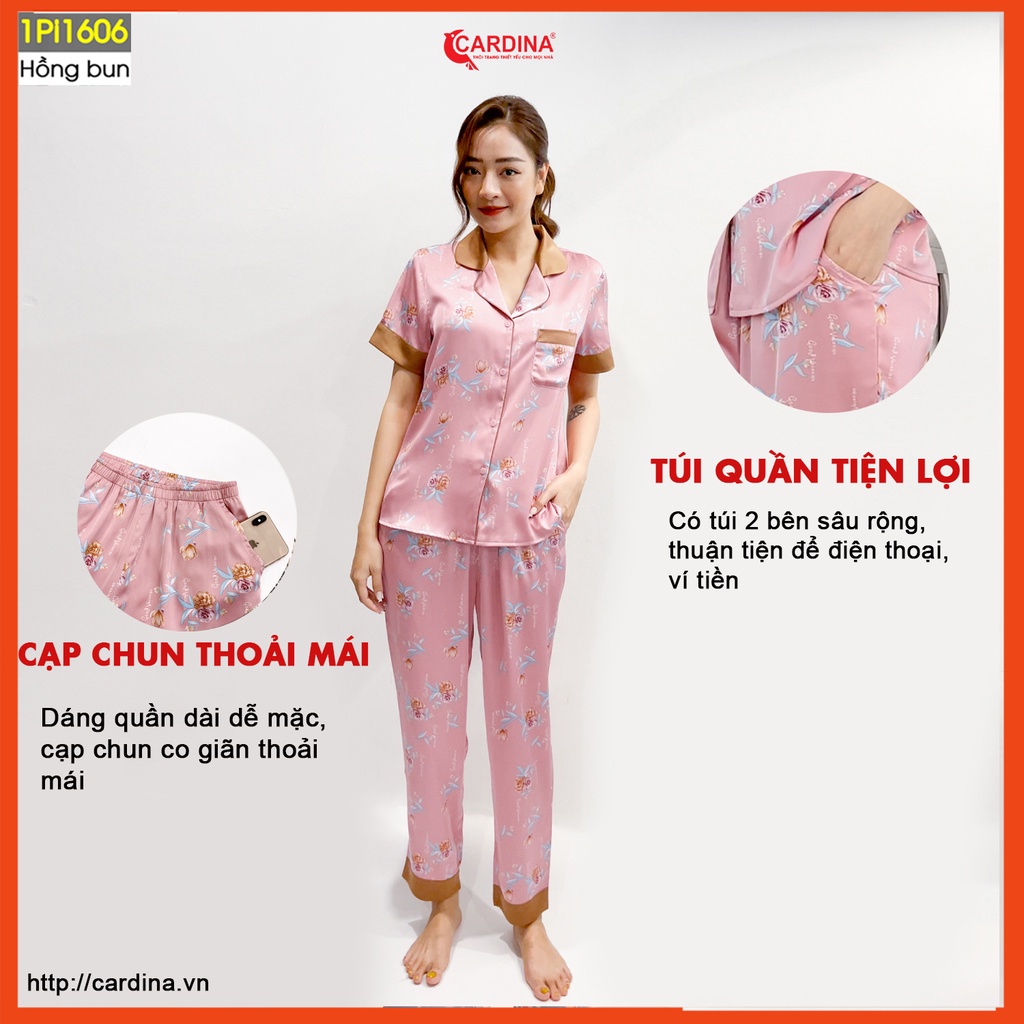 Đồ bộ pijama nữ CARDINA chất lụa satin Nhật cao cấp quần dài áo cộc tay họa tiết tinh tế trẻ trung 1Pi16.