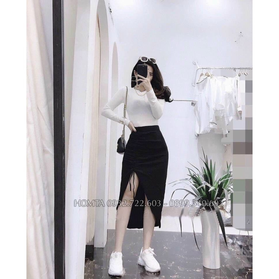 Sale Chân váy midi tạo dáng ôm mông quả đào, xẻ đùi rút dây sexy 12C38B1 Sale