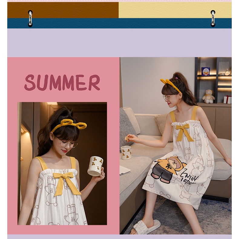Váy Ngủ Hai Dây, Đầm Ngủ Nữ Không Tay Dễ thương Chất Cotton Mềm Mặc Nhà Thoải Mái Thời Trang Xuân Hè Cao Cấp
