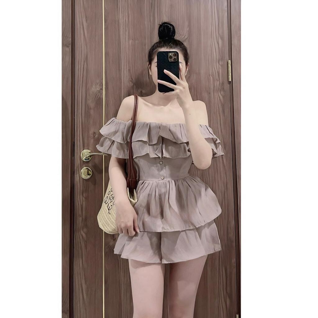 Sét bộ áo trễ vai tay bồng kèm quần sooc đùi 3 màu nâu, xanh bơ, chì siêu xinh chất đũi voan sang chảnh