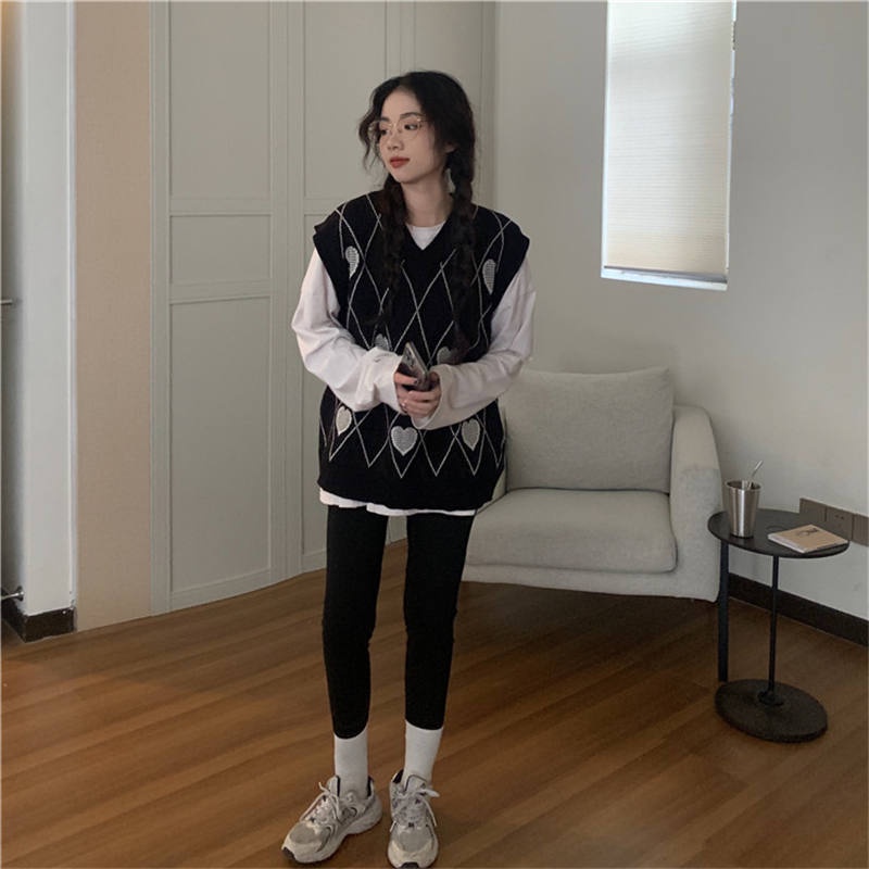 MỚI Áo sweater không tay cổ chữ v dáng rộng phong cách retro dành cho nữ