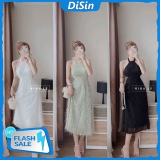 Đầm dự tiệc lông vũ 2 lớp cổ yếm cột dây kiểu dáng suông dài