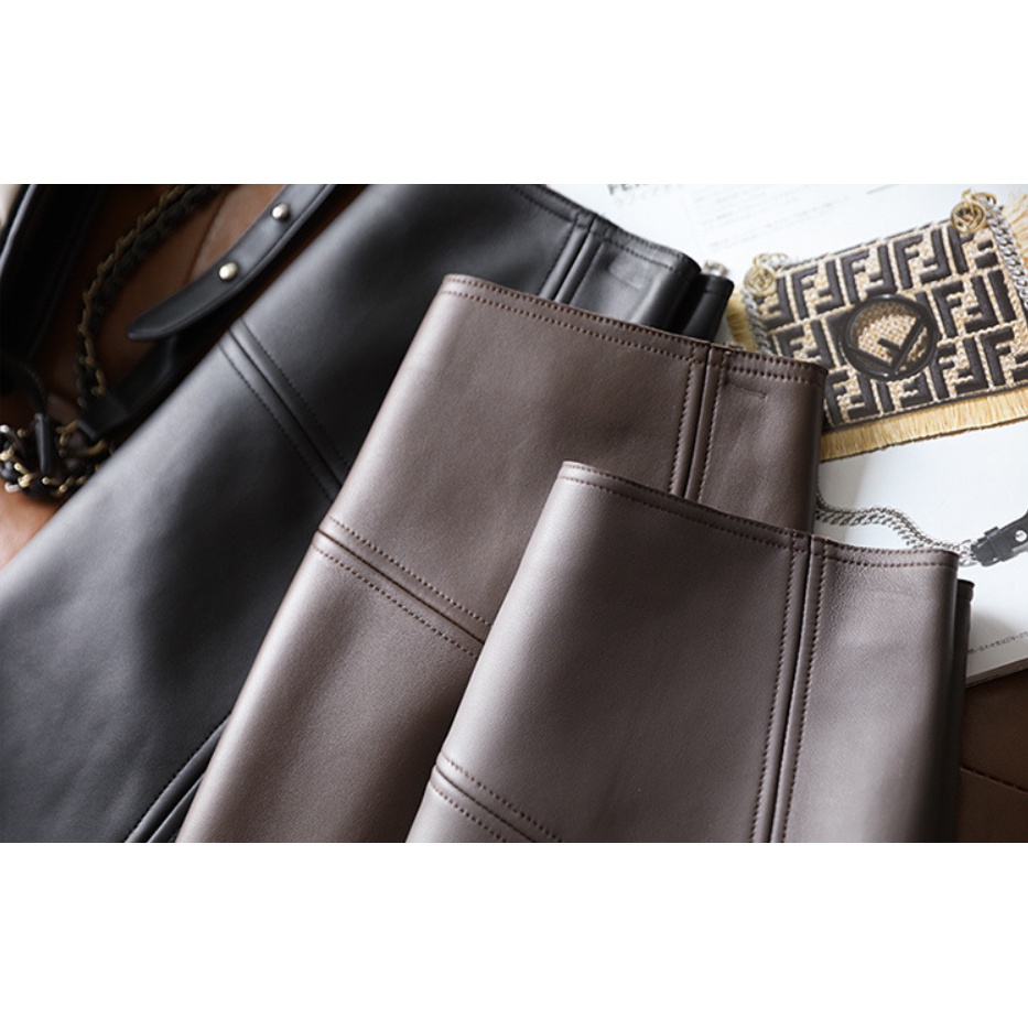 Chân váy da PU màu nâu mix khóa kéo