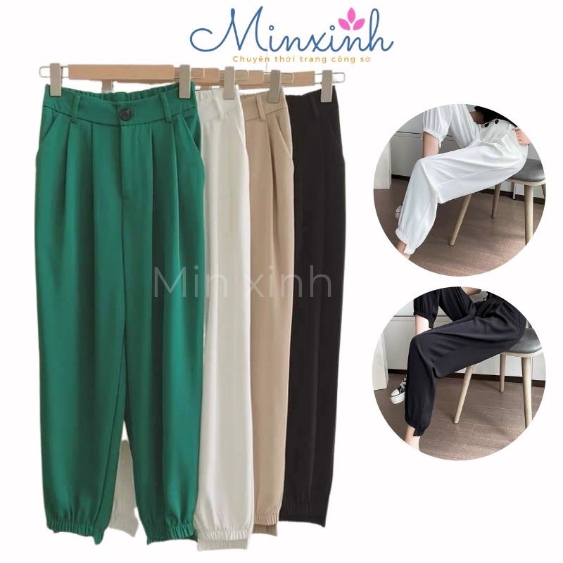 Quần Baggy Nữ Gấu Lệch Bo Chun Chân, Quần Jogger Nữ Minxinh Chất Chéo Hàn Nhiều Màu