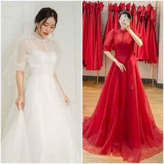 Đầm váy cô dâu đi bàn, dạ hội tay phồng thắt eo xòe phồng, phối nút bọc ,đơn giản thanh lịch sang trọng