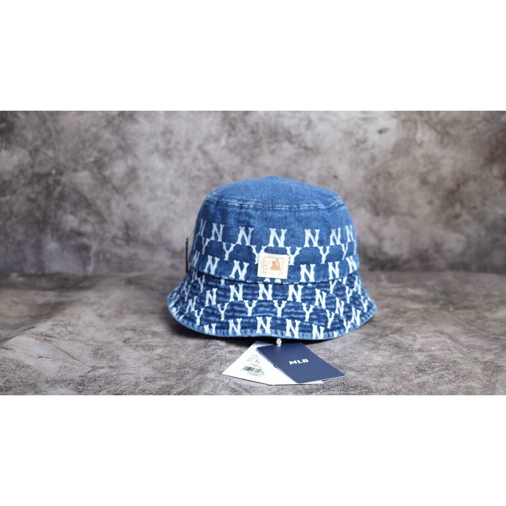 Mũ nón lưỡi trai,bucket NY MLB họa tiết monogram cực đẹp,chất vải Jean Hàn Quốc cao cấp màu xanh logo thêu nổi
