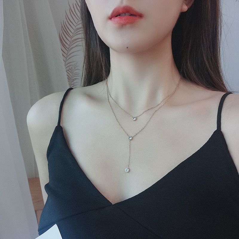 Dây chuyền hai lớp bằng thép titan mạ vàng hồng / vàng 18K đính đá zircon phong cách Nhật Hàn cá tính dễ phối đồ