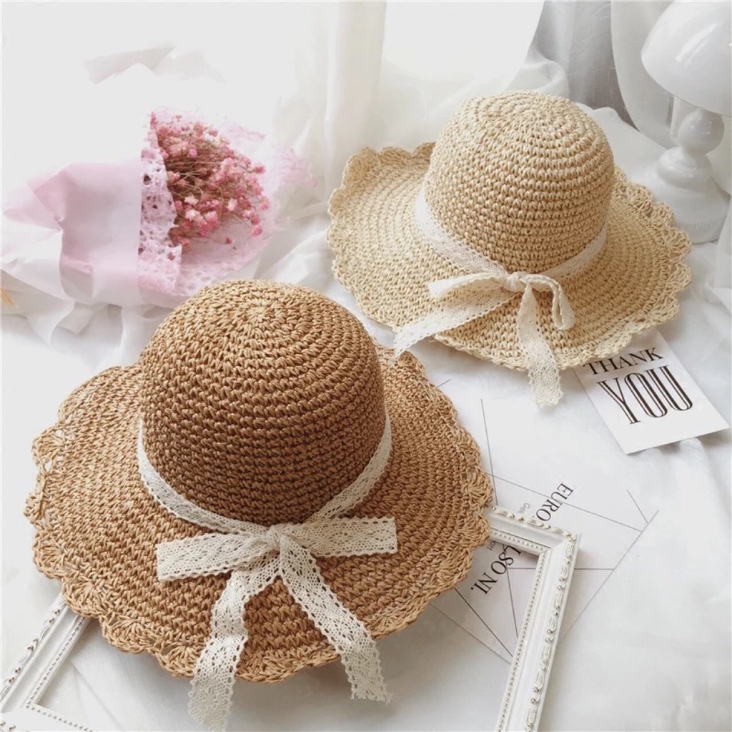 Mũ cói đi biển nữ vành rộng chống nắng, nón cói nơ xinh cho bé thời trang Hàn Quốc rẻ đẹp