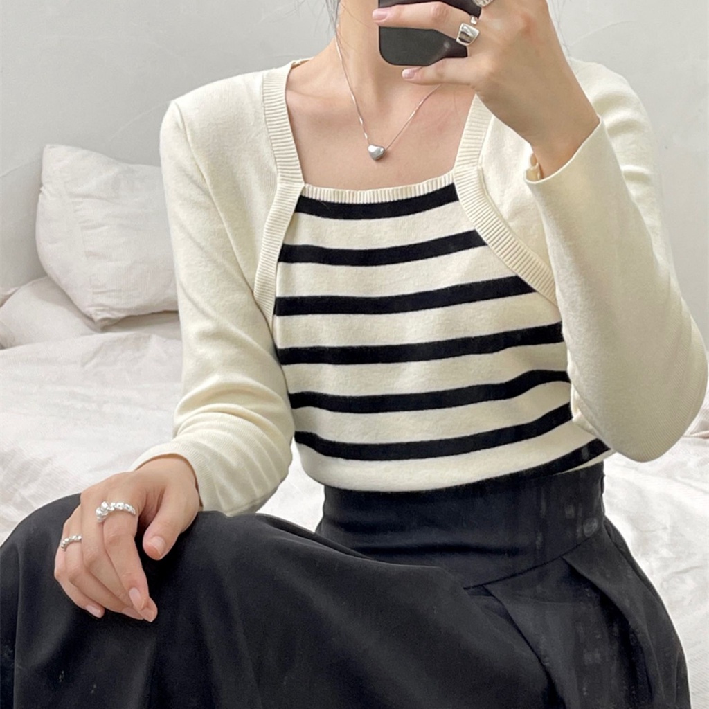 SUXI Áo Sweater Dệt Kim Tay Dài Dáng Ôm Họa Tiết Kẻ Sọc Thời Trang Mùa Thu Mới Cho Nữ