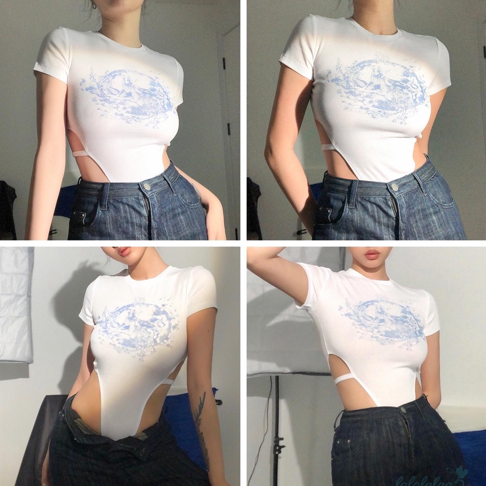 Bộ áo liền quần cổ tròn tay ngắn dáng ôm in họa tiết khoét lỗ 5- thời trang quyến rũ cho nữ | BigBuy360 - bigbuy360.vn