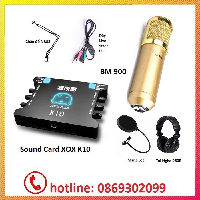 Bộ Combo Live Stream Karaoke: Micro BM900 + XOX K10 + Chân Đế + Dây Live U1 + Màng Lọc + Tai Nghe 960B EQ-004
