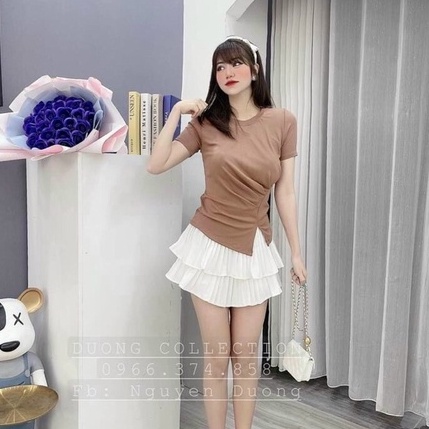 Áo thun kiểu lệch vạt xẻ trước, Áo kiểu dáng ôm ngắn tay co giãn AT5508 - NhiNhi Shop