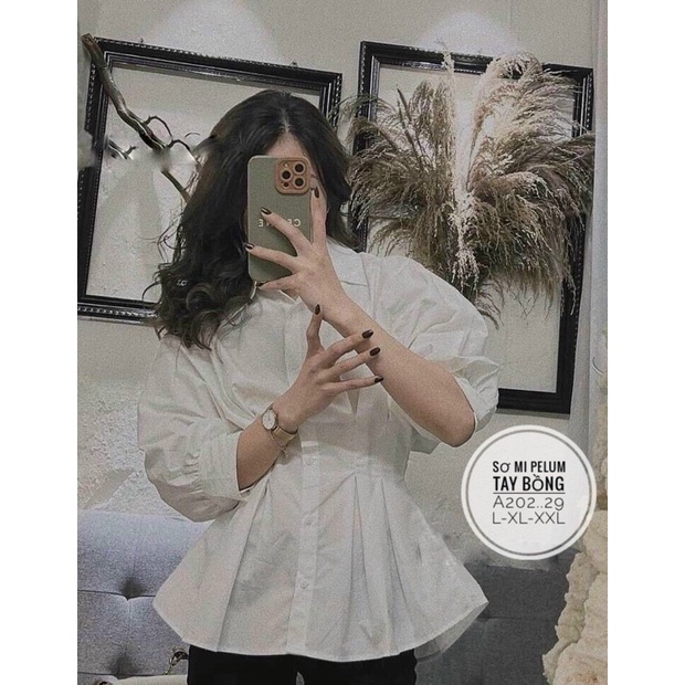 Áo sơ mi nhấn eo tay phồng nhẹ bigsize 55kg-90kg☘️☘️