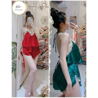 👉👉 Đồ bộ ngủ yếm cột cổ phối nhún bèo quần đùi👉👉 đồ ngủ mặc nhà giá rẻ