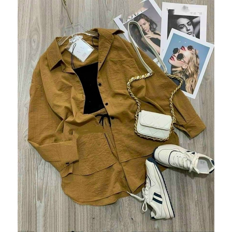 [8.8 Sales Freeship] Set bộ sơ mi đũi trơn màu tay dài, set bộ đũi hot trend quần xẻ đùi đi chơi, đi biển cá tính dx