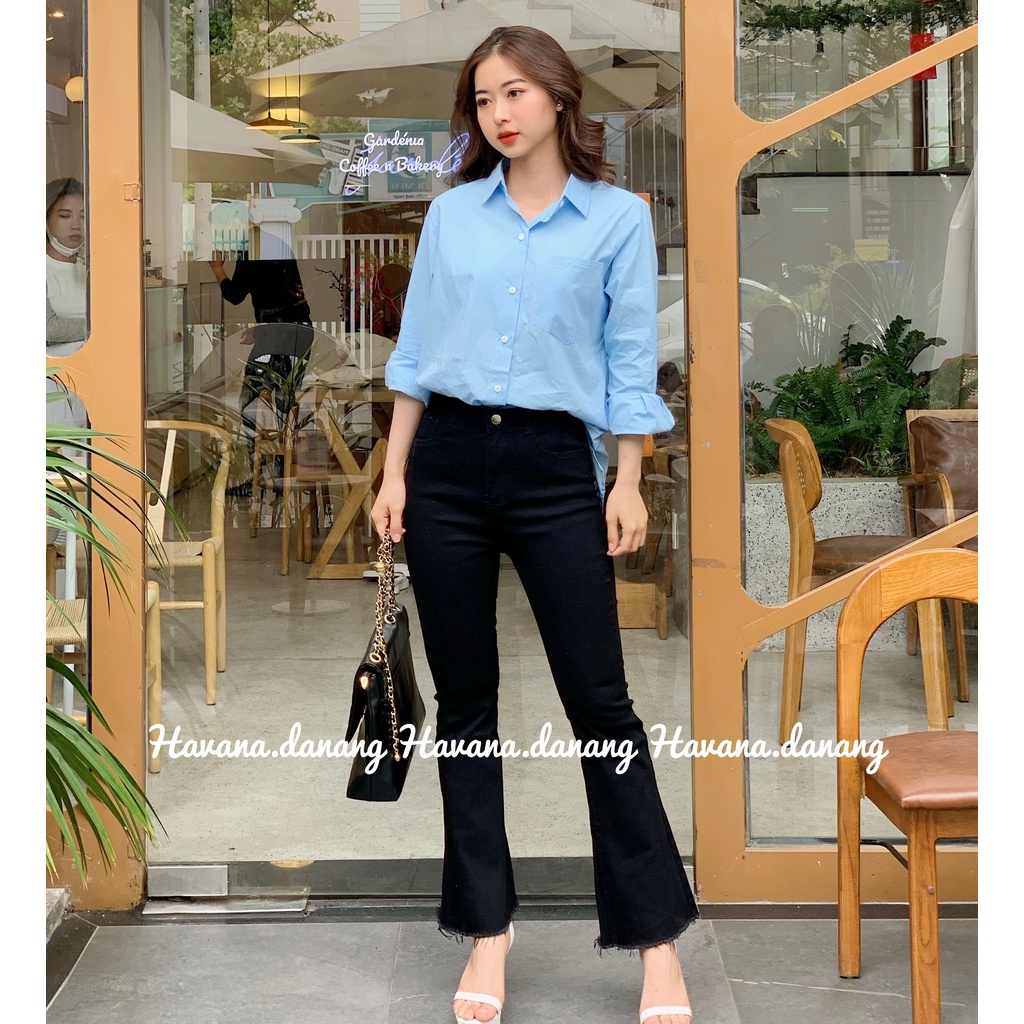 Quần jeans ống loe suông dài, jeans loe trơn