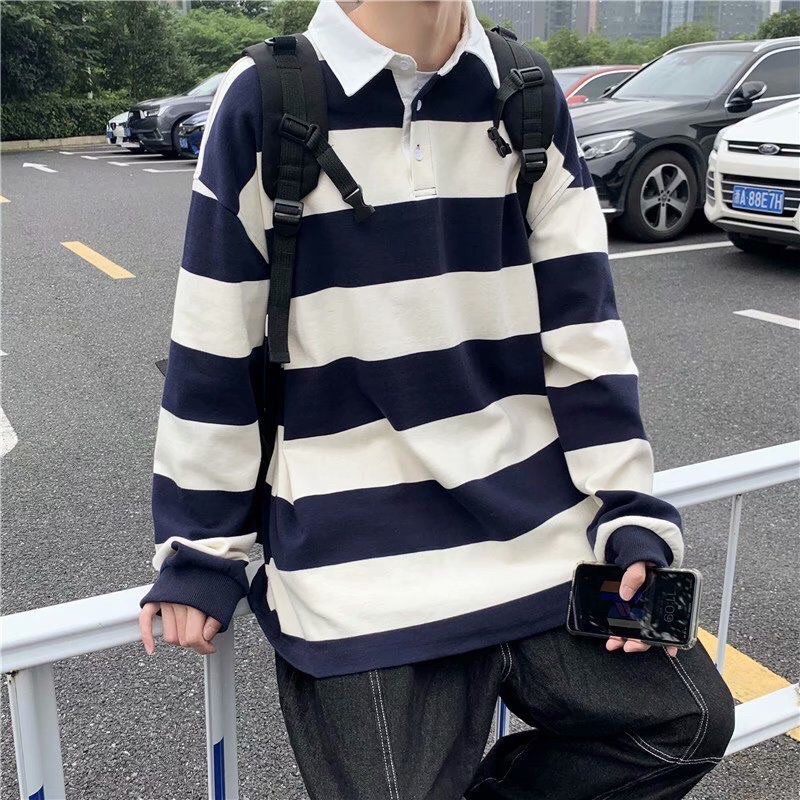 Áo sweater cổ polo kẻ