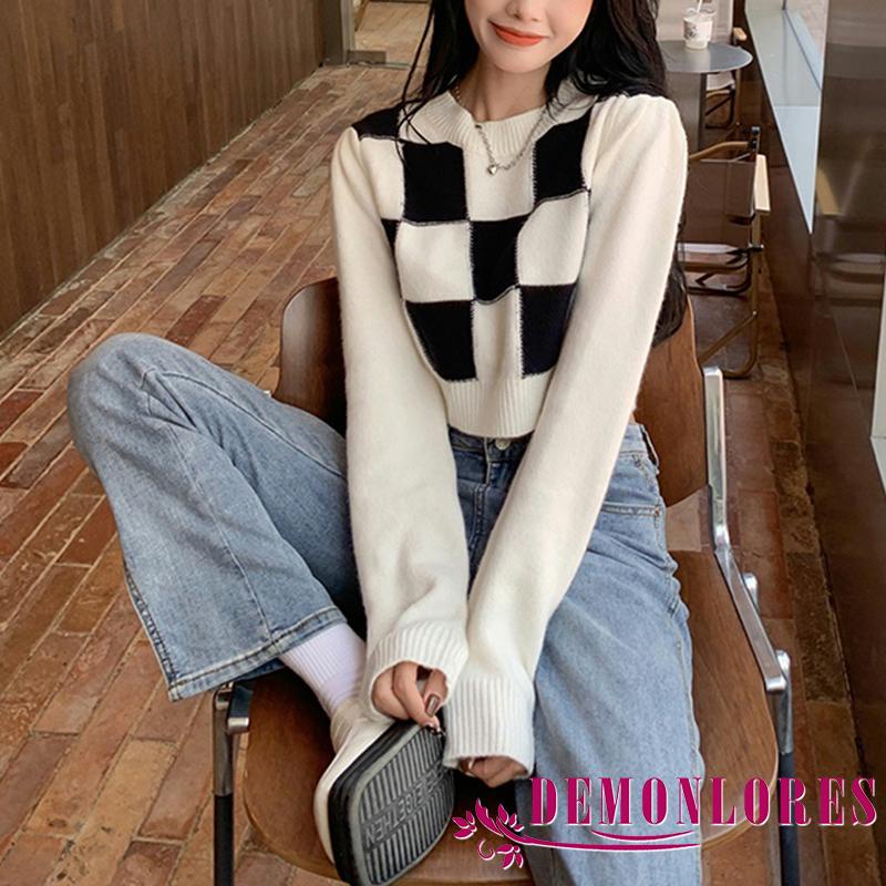 Áo croptop chui đầu tay dài cổ tròn họa tiết kẻ sọc caro thời trang cho nữ