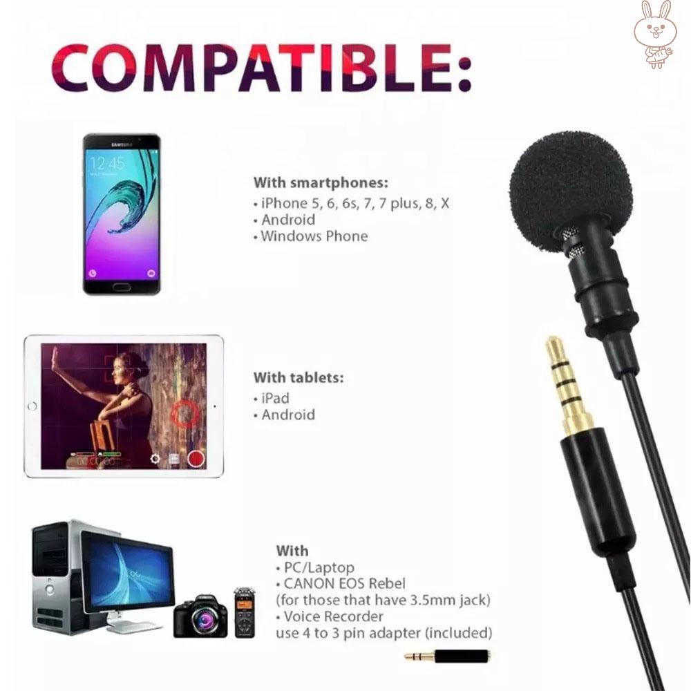 OL Mini Clip-on Lavalier Microphone Lapel Condenser Mic 3.5mm Plug with 2M Extension Cable Compatible with  iPad Android Smartphone DSLR Camera PC Laptop