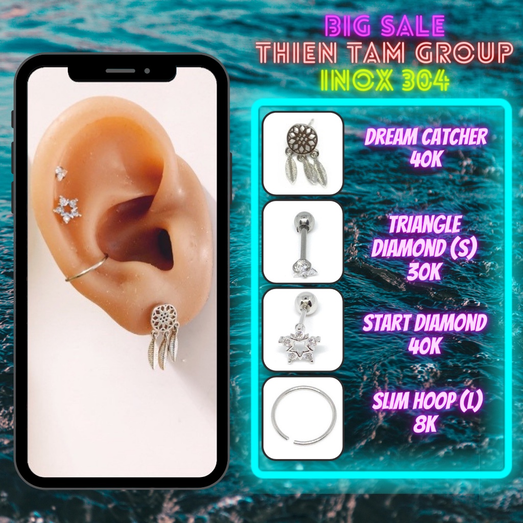 Khuyên tai xỏ dream catcher, tam giác đá, vòng tròn kẹp, ngôi sao đá bằng inox 304 không rỉ - Tâm Tattoo