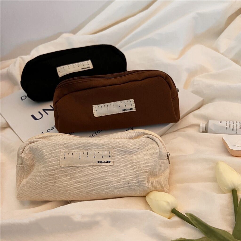 Túi Đựng Bút/ Mỹ Phẩm Bằng Vải Canvas Trơn Siêu Bền Phong Cách Vintage