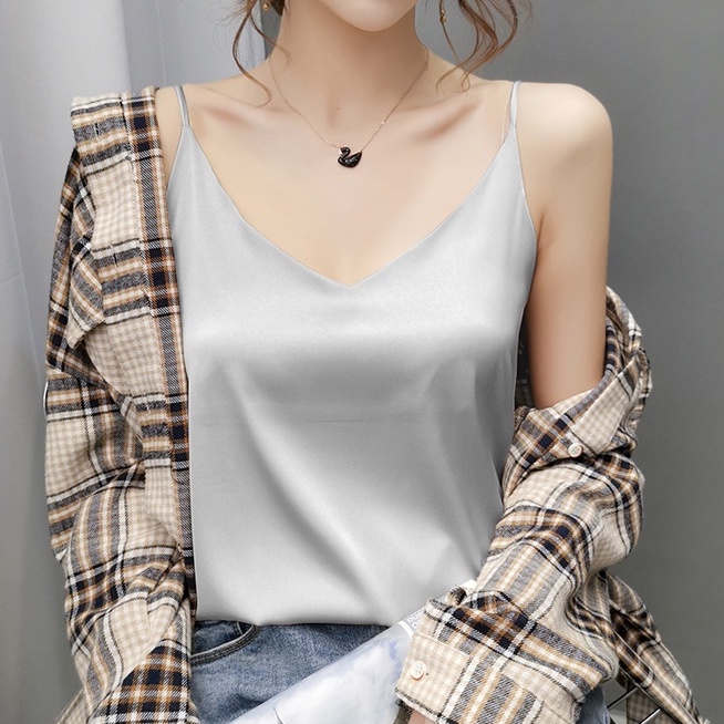 Áo hai dây nữ lụa satin kiểu cổ tim V hàn quốc đẹp dễ thương bigsize LOKISO AK02