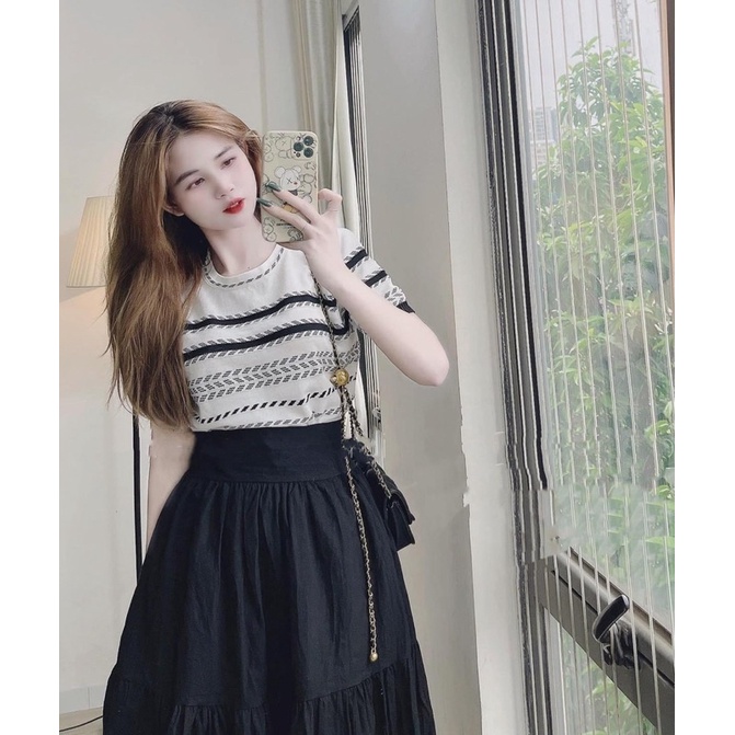 ÁO LEN KẺ ĐEN TAY CỘC CỔ TRÒN MS16772