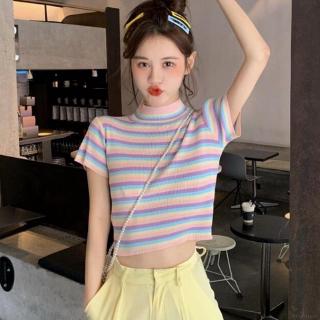 Áo crop top dệt kim ngắn tay phối họa tiết sọc ngang trẻ trung dành cho nữ