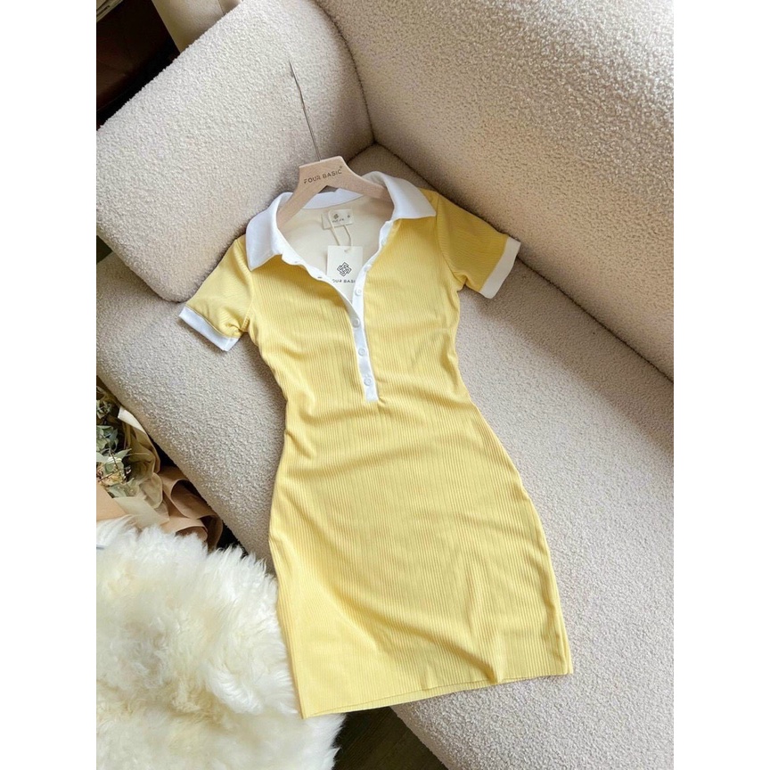 đầm body xương cá cổ trụ phối nút ngắn tay hott