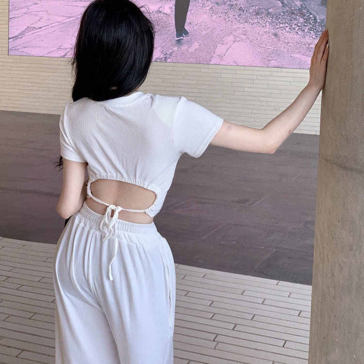 Set đồ COZOKC gồm áo thun ngắn tay phối quần ống rộng lưng cao thời trang dành cho nữ