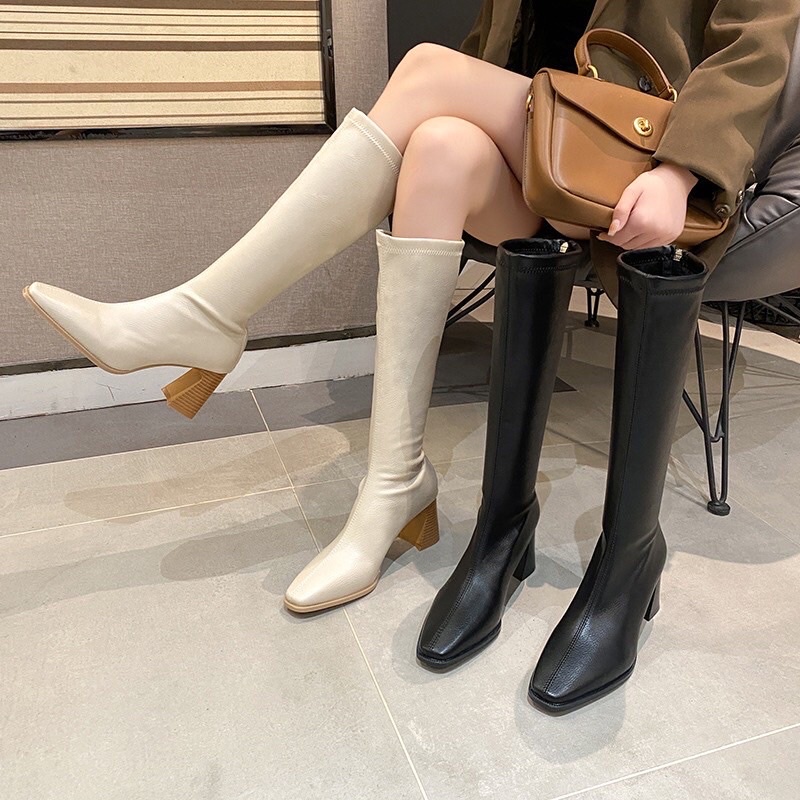 Giày bốt đùi nữ cổ cao khoá kéo sau dáng ôm chân chất da mũi nhọn boots đầu gối đế gỗ gót vuông lạ cao 7 phân boost dài