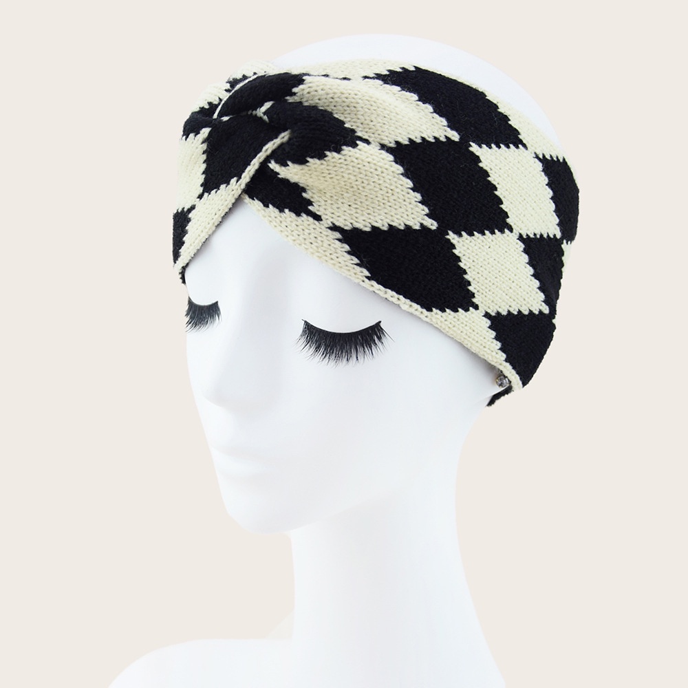 Băng đô HAIMEIKANG len dệt kim họa tiết sọc hình thoi thời trang thủ công