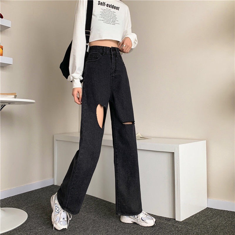 DEAL SỐC_Quần Jeans Nữ Ống Suông Đen Cắt Tim Cao Cấp OHS3902