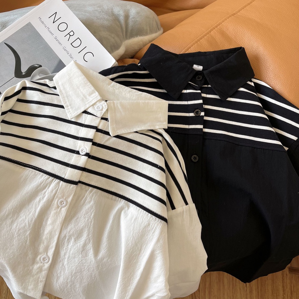 Áo Sơ Mi Cotton Dài Tay Họa Tiết Kẻ Sọc Thời Trang Xuân Thu Hàng Mới Dành Cho Trẻ Em