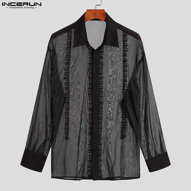 INCERUN Áo Sơ Mi Tay Dài Dáng Rộng Xuyên Thấu Phối Bèo Màu Đen Thời Trang Cho Nam