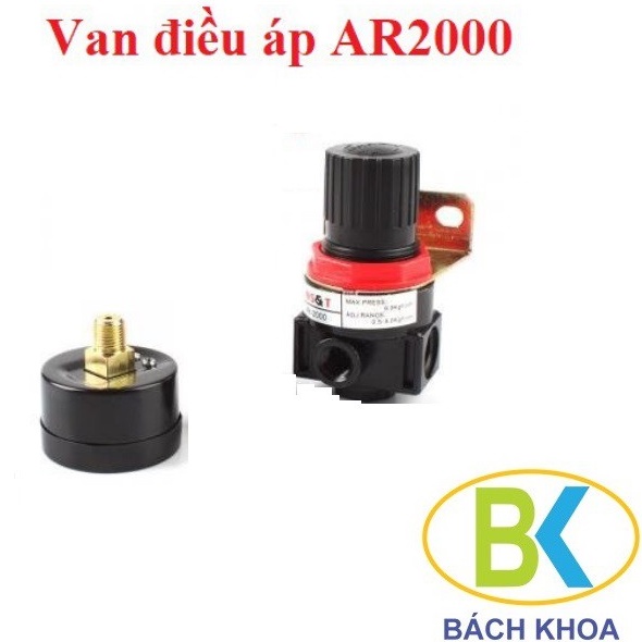 Bộ van điều chỉnh áp suất AR2000 kèm đồng hồ khí nén ren 13mm