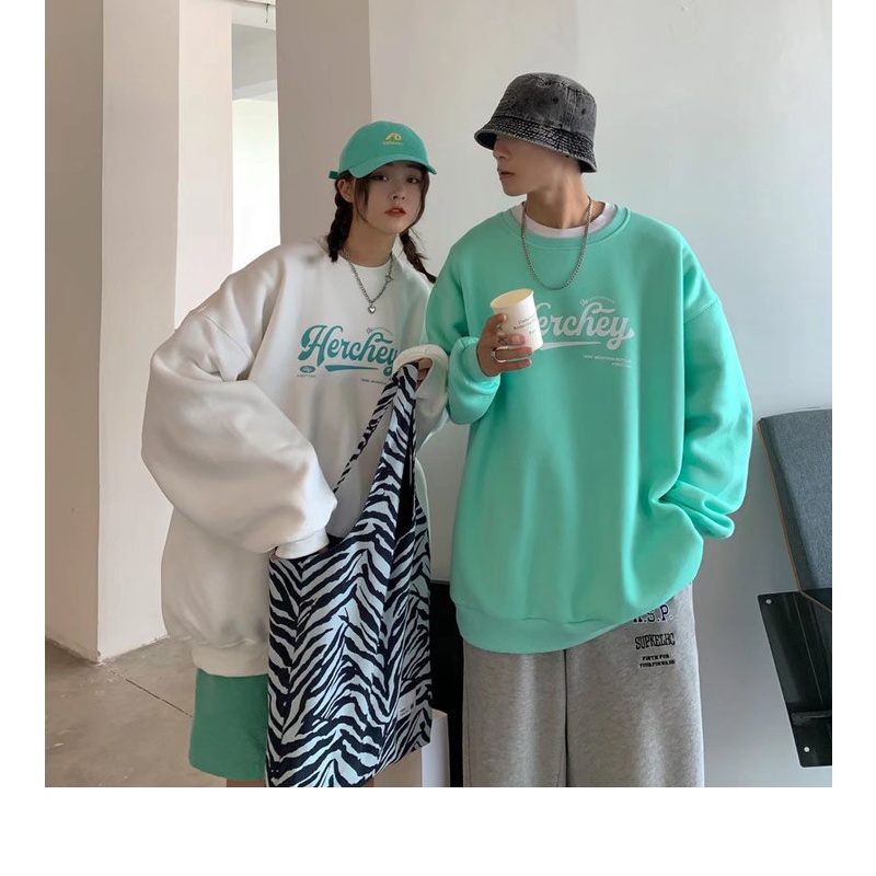 Áo Sweater cổ tròn lót nhung in chữ thời trang Hàn Quốc cho cặp đôi