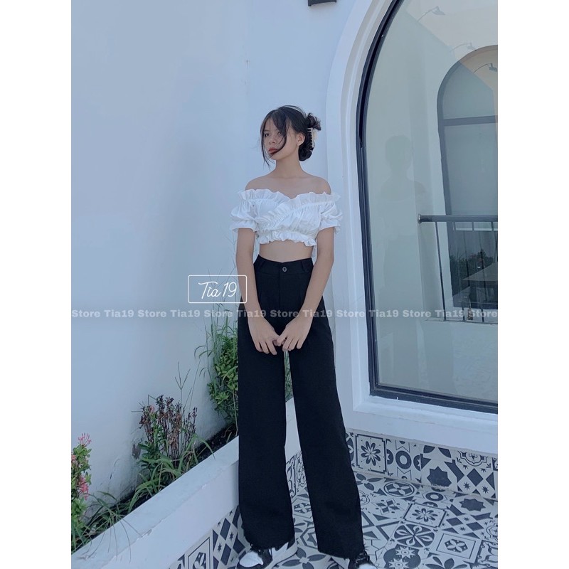 Quần culottes khuy đen dài 96-99cm Tia19.  Quần tây ống rộng suông nữ (Ảnh thật)