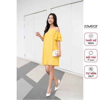Đầm váy nữ công sở 92WEAR màu vàng, đủ size, 2 dây tay xòe 2 tầng DXW0313