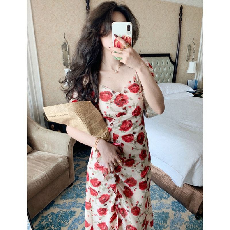 Đầm Ôm Eo Xẻ Tà In Họa Tiết Hoa Hồng Lãng Mạn Mùa Hè Mới 2021