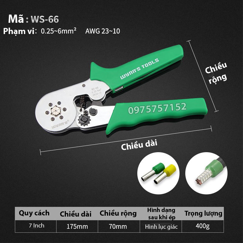 Kìm bấm cos lục giác trợ lực WYNN'S WS-66 0.25-6mm2 HSC8 6-6, tự điều chỉnh cos ống tròn, cos pin rỗng, độ chính xác cao