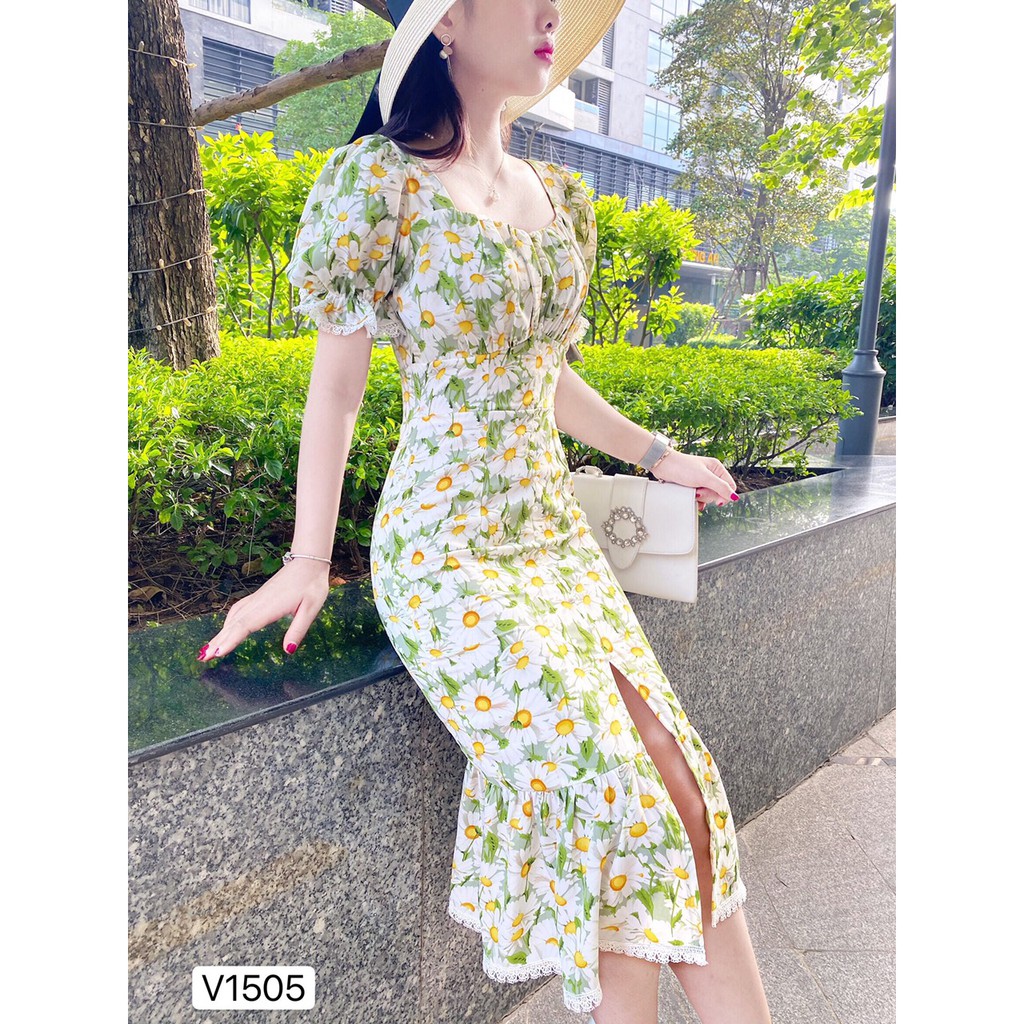 Váy xanh hoa cúc trắng đuôi cá V1505 (Kèm ảnh thật do shop tự chụp) | BigBuy360 - bigbuy360.vn